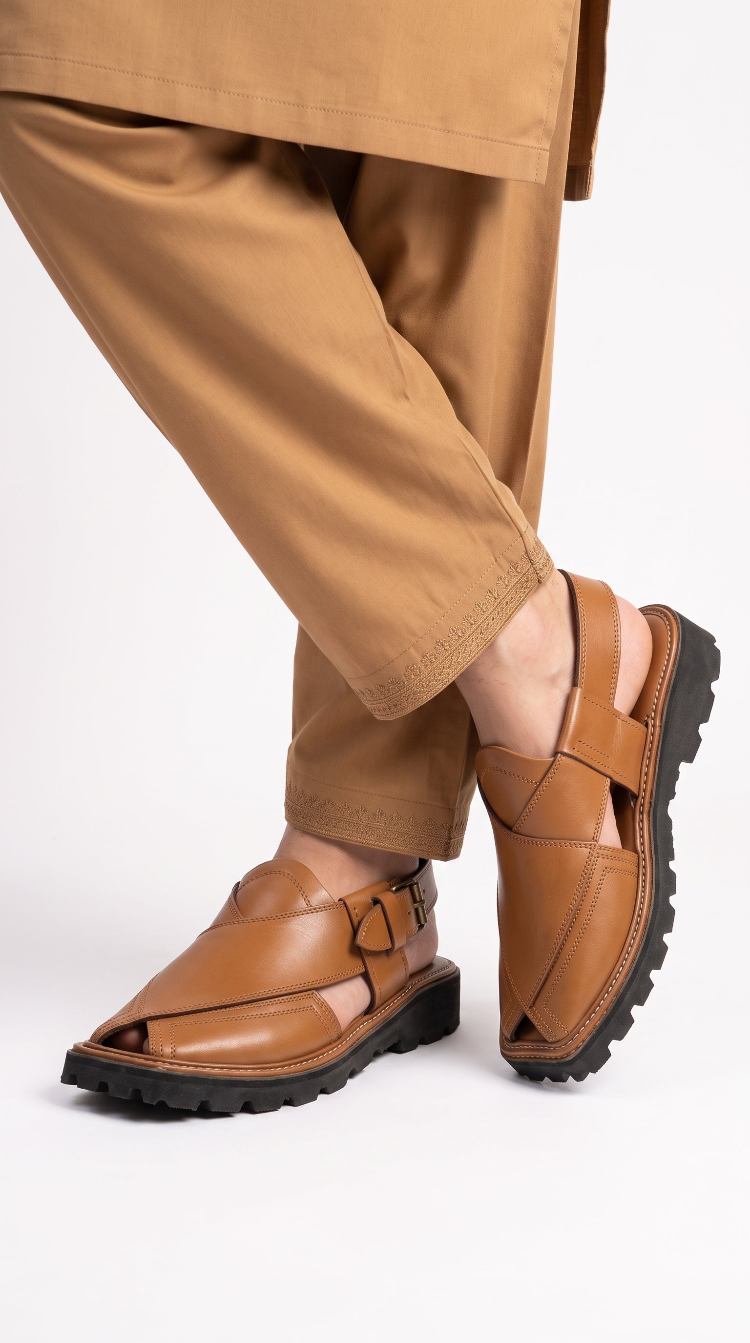Men's Balochi Sandal in camel leather - worn