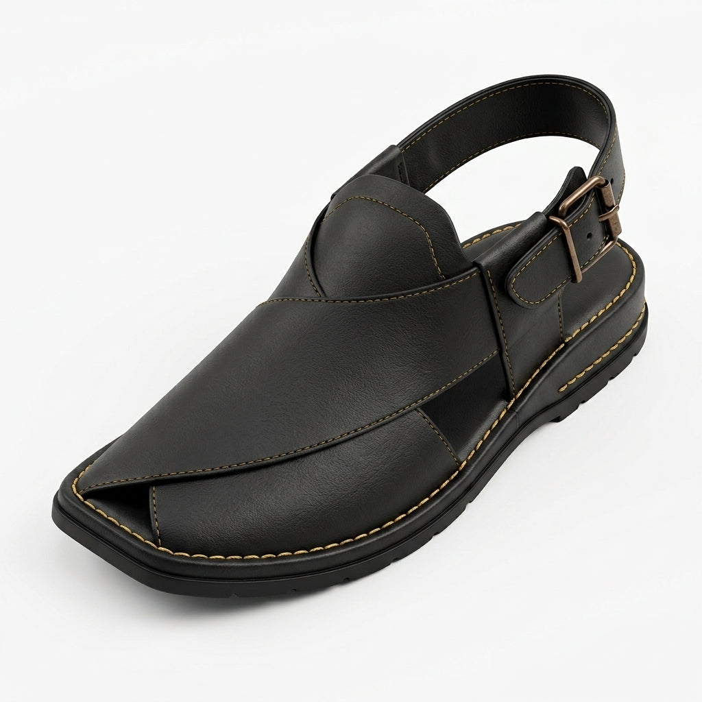 Men's Kaptaan Sandal in black leather - angle view