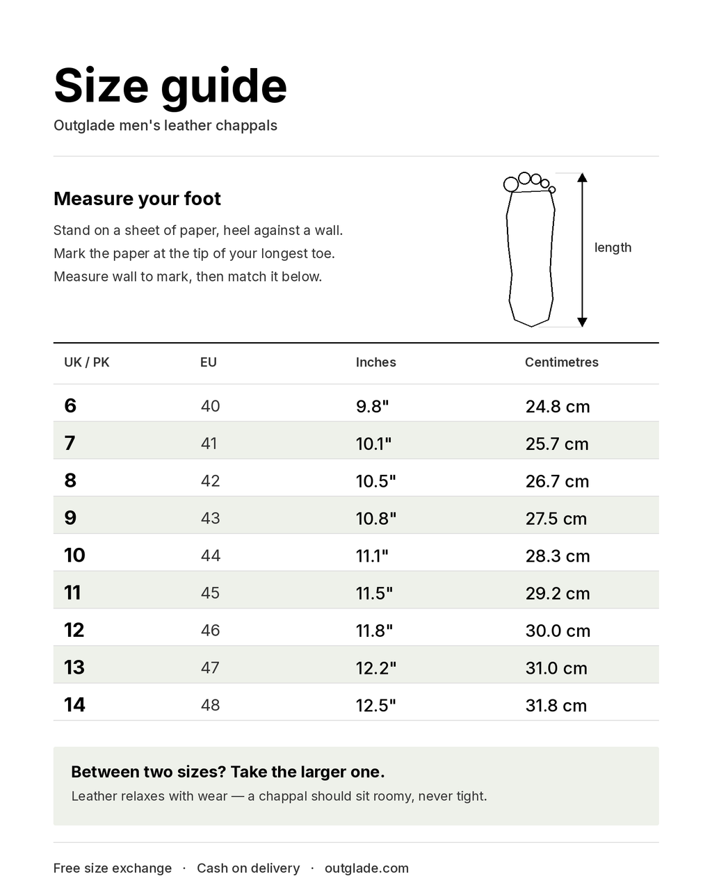 Outglade size guide — UK/PK sizes 6 to 14 with foot length in inches and centimetres
