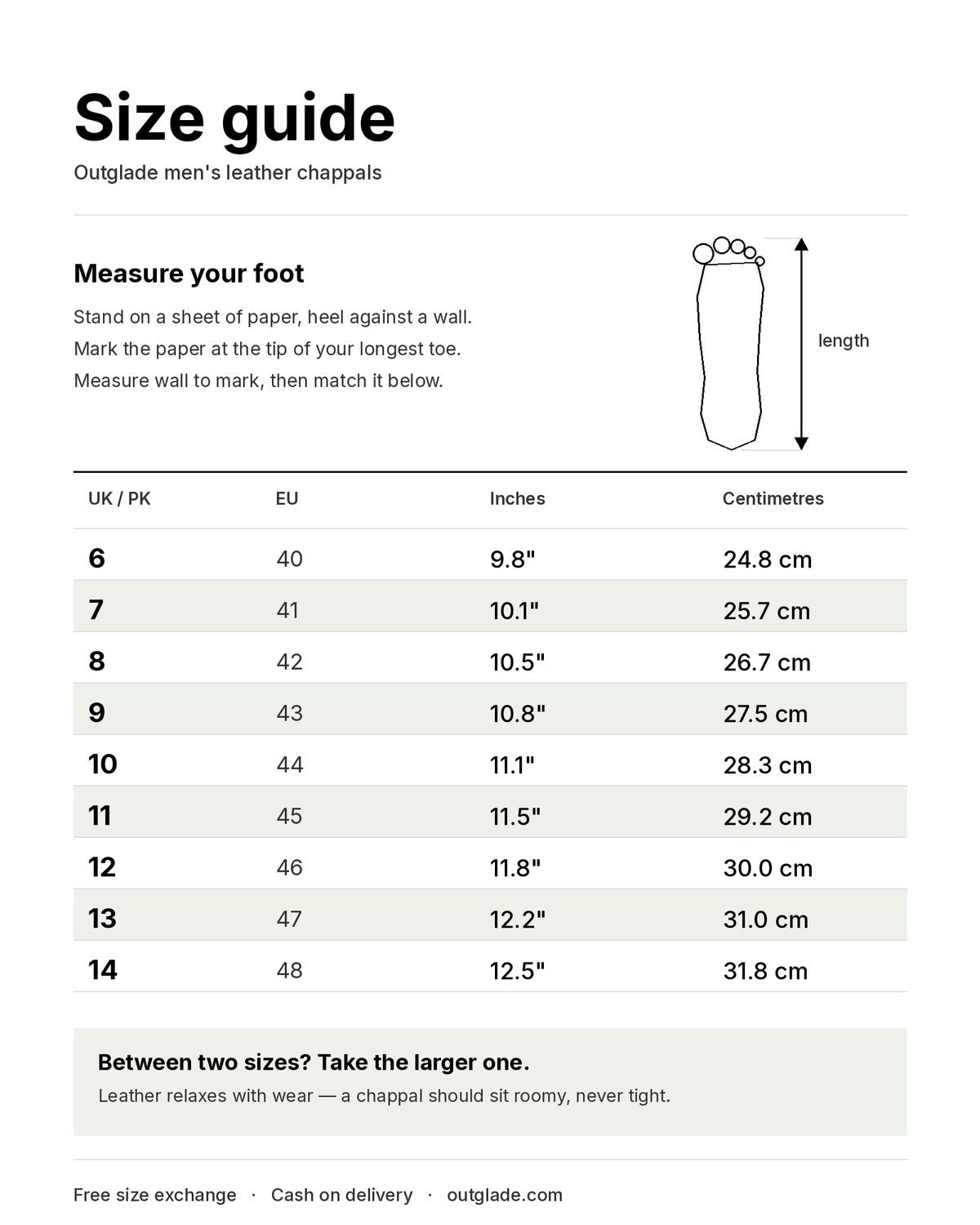 Outglade size guide — UK/PK sizes 6 to 14 with foot length in inches and centimetres