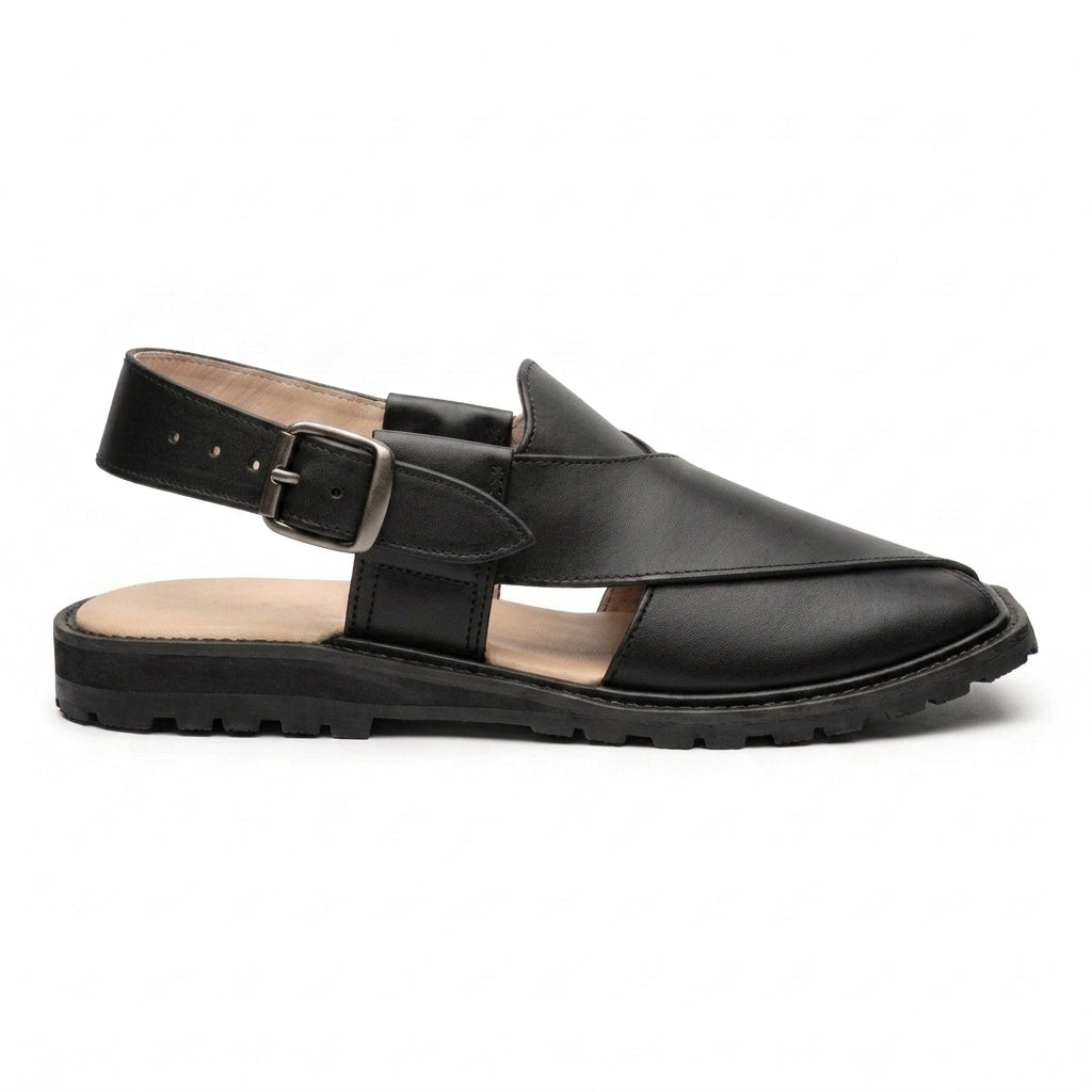 Men's Peshawri Sandal in matt black leather