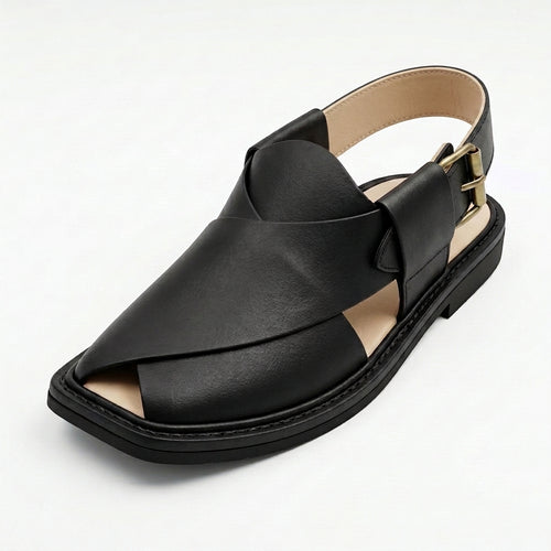 Men's Peshawri Sandal in matt black leather - angle view