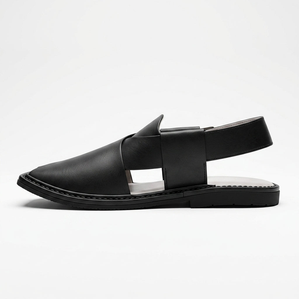 Men's Peshawri Sandal in matt black leather - detail