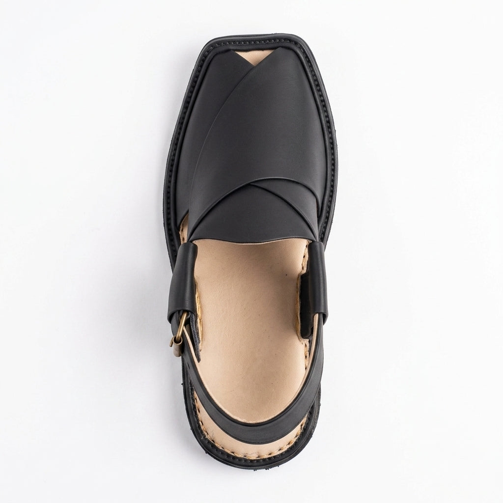 Men's Peshawri Sandal in matt black leather - top view