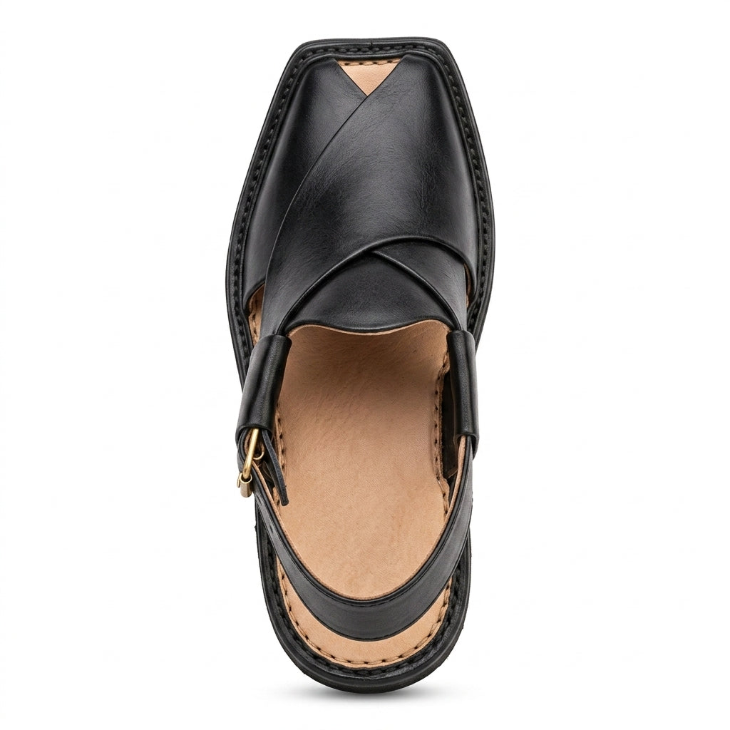 Men's Peshawri Sandal in shiny black leather - detail