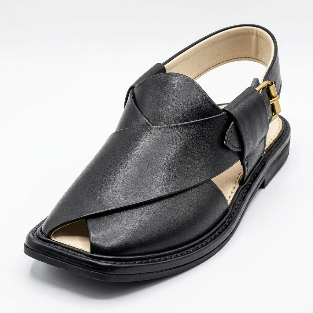 Men's Peshawri Sandal in shiny black leather - top view