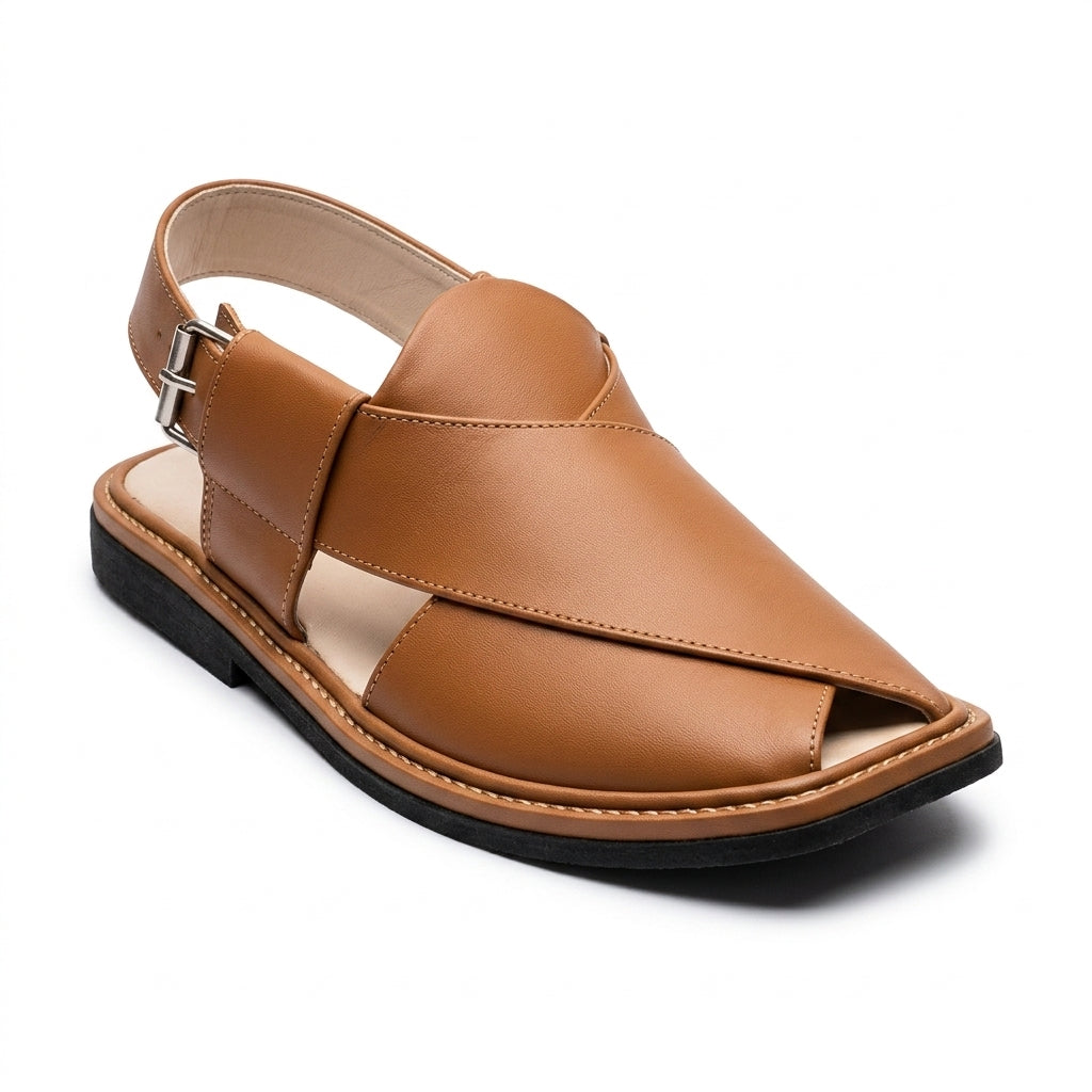 Men's Peshawri Sandal in matt camel leather - angle view