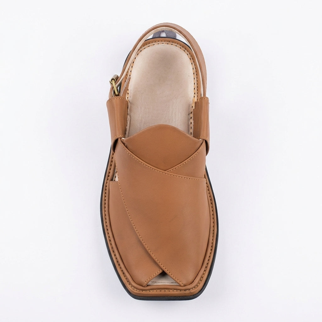 Men's Peshawri Sandal in matt camel leather - top view