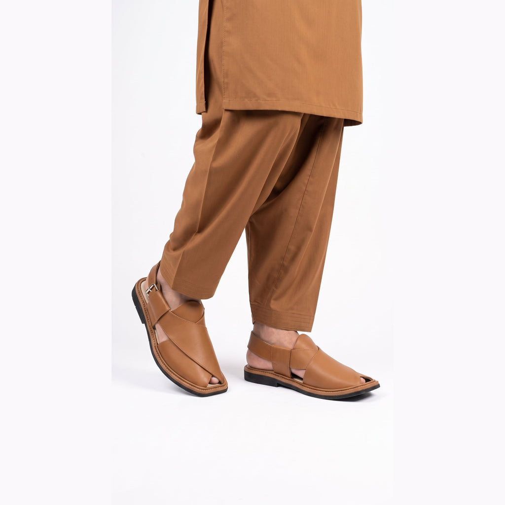 Men's Peshawari chappal in matt camel leather - worn