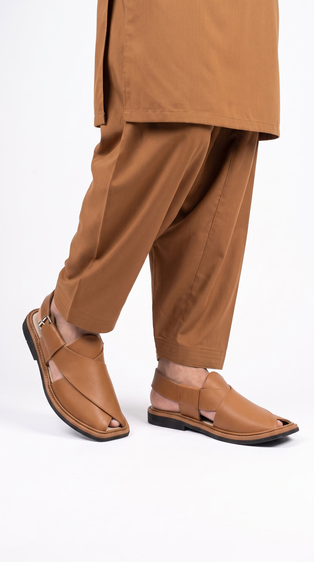 Men's Peshawri Sandal in matt camel leather - worn